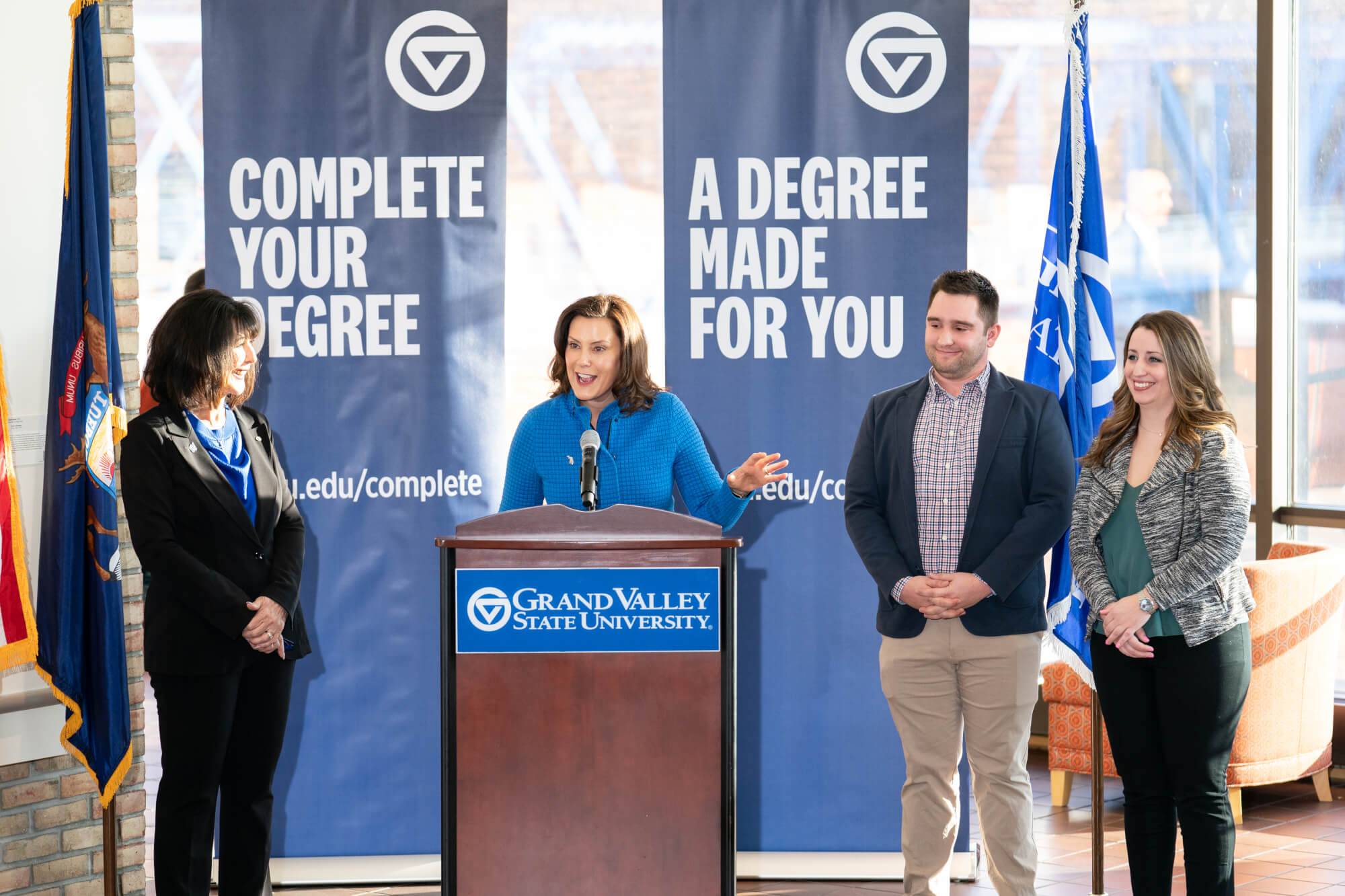 Gov. Gretchen Whitmer speaks at a news conference February 12 in the Eberhard Center